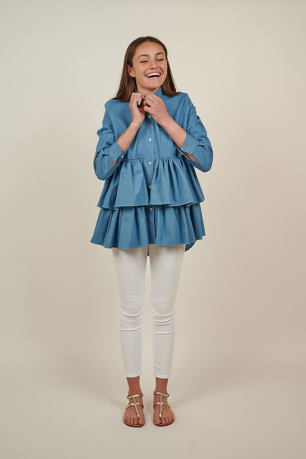 Chambray Shirt with Double Frill